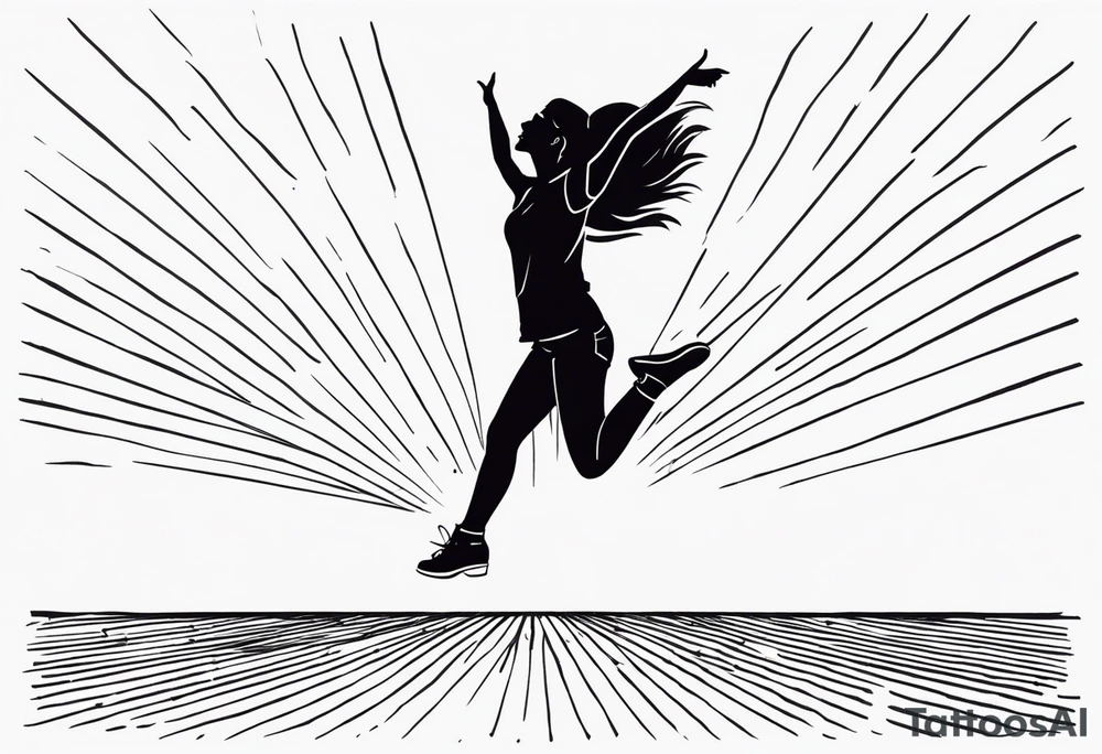 Ugly woman standing with bent knees on a dancefloor pointing her fingers up in the sky yelling "woop woop" tattoo idea