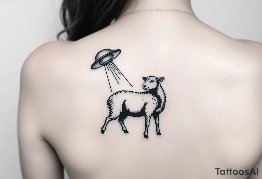 UFO abducting a black sheep. No color. Black and gray scale on back of arm above elbow tattoo idea