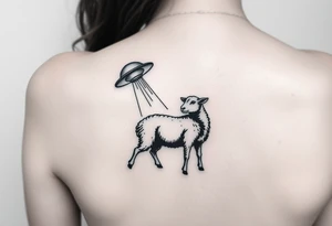 UFO abducting a black sheep. No color. Black and gray scale on back of arm above elbow tattoo idea