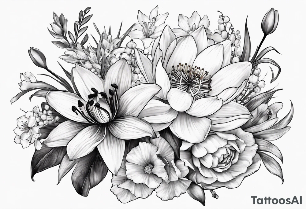 A bouquet of flowers with a water lily, gladiolus, poppy, lily of the valley, daffodil, and a honey suckle. tattoo idea