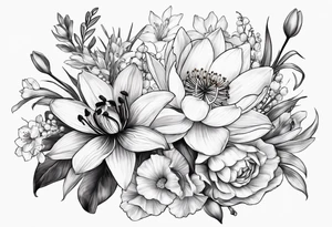 A bouquet of flowers with a water lily, gladiolus, poppy, lily of the valley, daffodil, and a honey suckle. tattoo idea