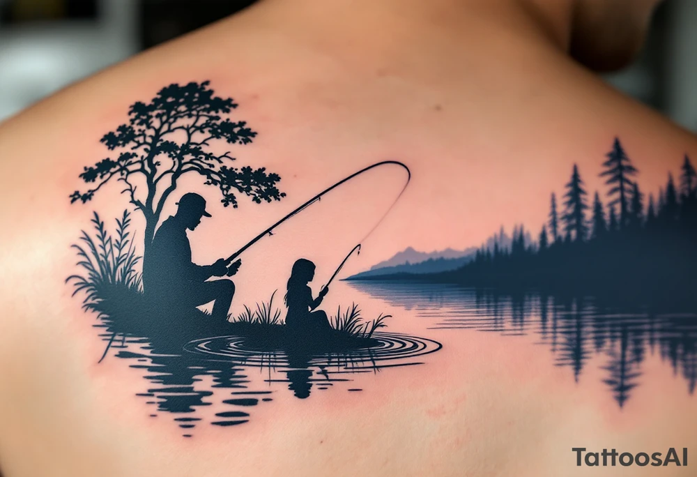 Silhouette of a father and daughter fishing by a lake, with only the rod and ripples drawn in dark navy blue ink. tattoo idea
