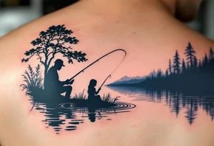 Silhouette of a father and daughter fishing by a lake, with only the rod and ripples drawn in dark navy blue ink. tattoo idea