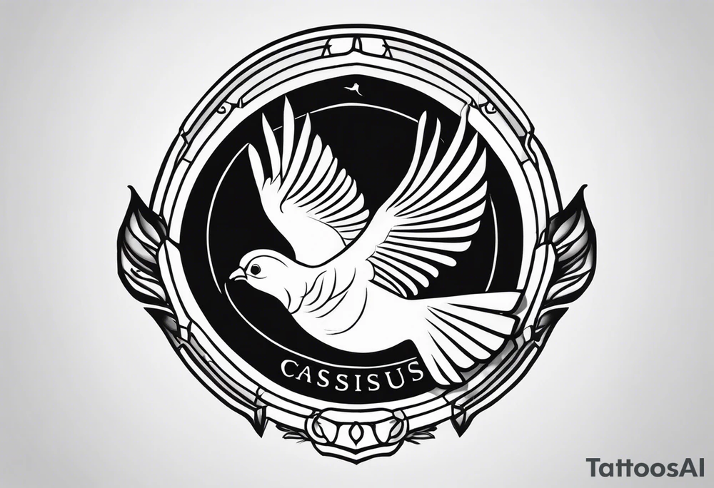 the name 'cassius rafiki mckenzie' written on a shield with a small dove and a bigger dove next to it tattoo idea