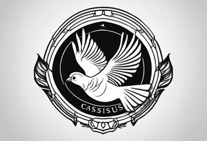 the name 'cassius rafiki mckenzie' written on a shield with a small dove and a bigger dove next to it tattoo idea