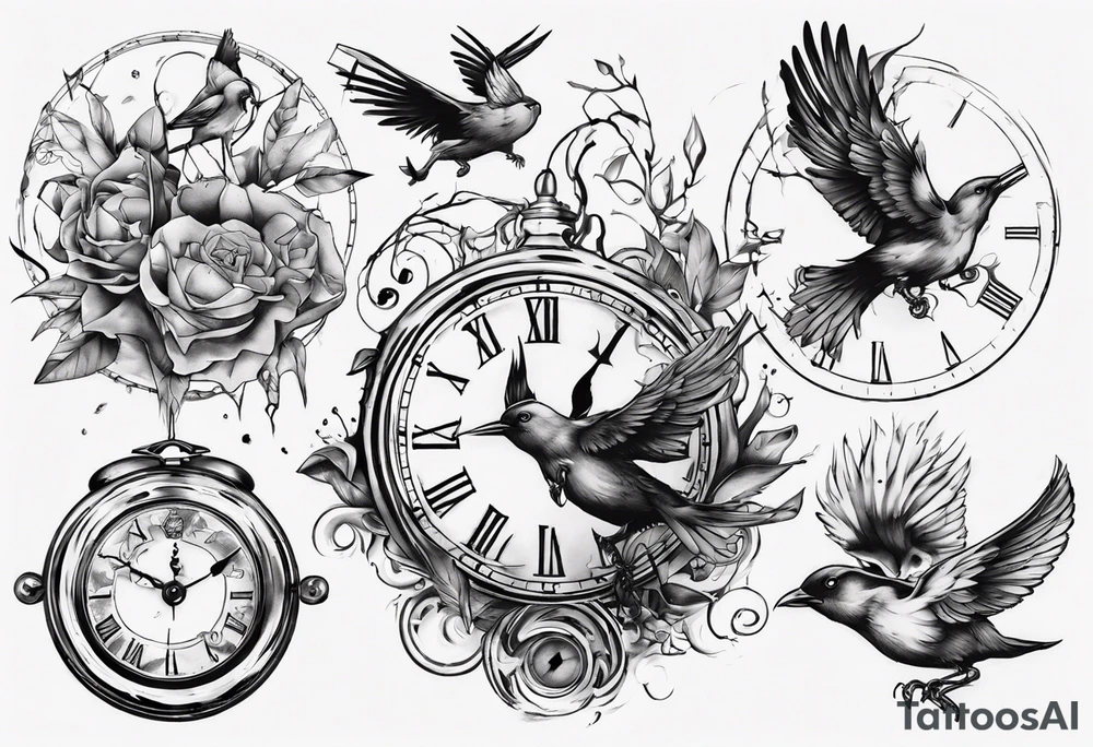 clock breaks into birds tattoo idea