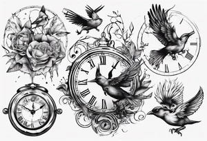 clock breaks into birds tattoo idea