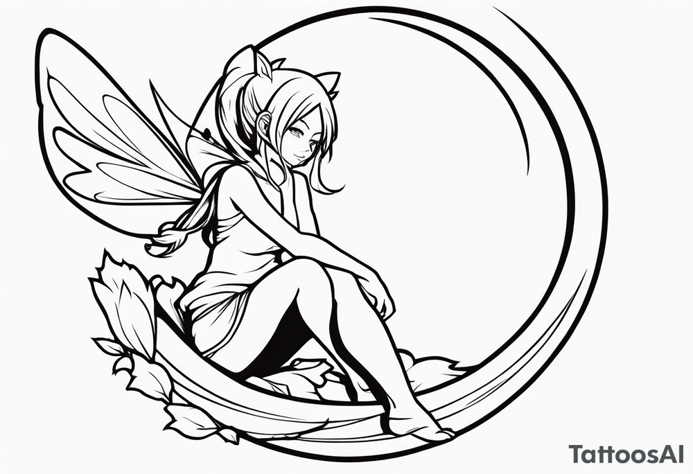 No color fairy with a tail inspired by the logo of the anime show called Fairy Tail in a fetal position leaning in and forward while in the air floating tattoo idea