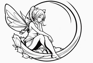 No color fairy with a tail inspired by the logo of the anime show called Fairy Tail in a fetal position leaning in and forward while in the air floating tattoo idea