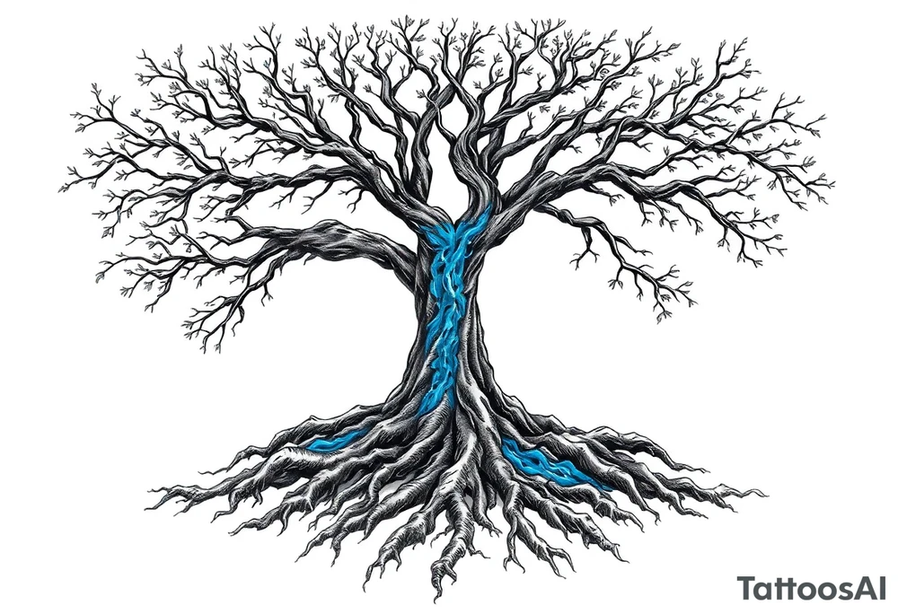 Black and white Tree with roots. Blue water inside the whole tree like many thin veins, flows from the brunches to the roots tattoo idea