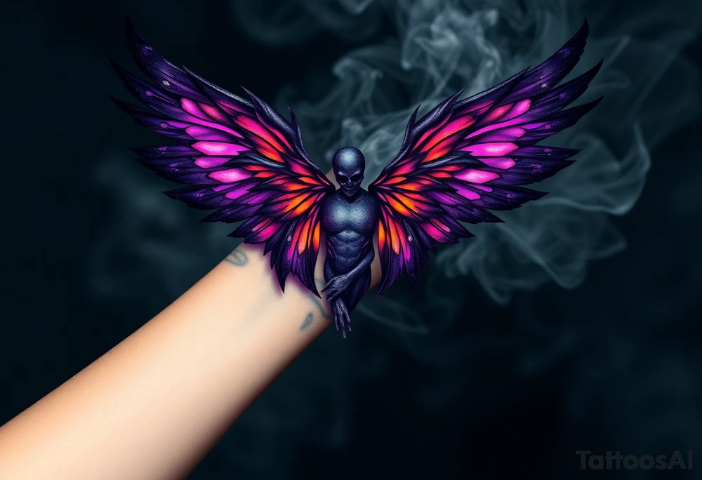 An abstract angel of death emerging from smoke, its wings composed of fragmented dark shards, glowing with neon purple and orange accents. tattoo idea