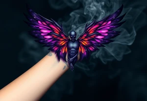 An abstract angel of death emerging from smoke, its wings composed of fragmented dark shards, glowing with neon purple and orange accents. tattoo idea