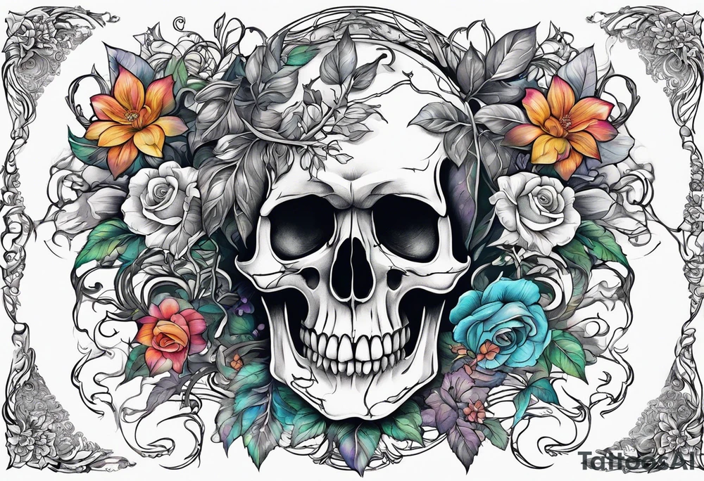 a skull with vines and flowers growing out of it tattoo idea