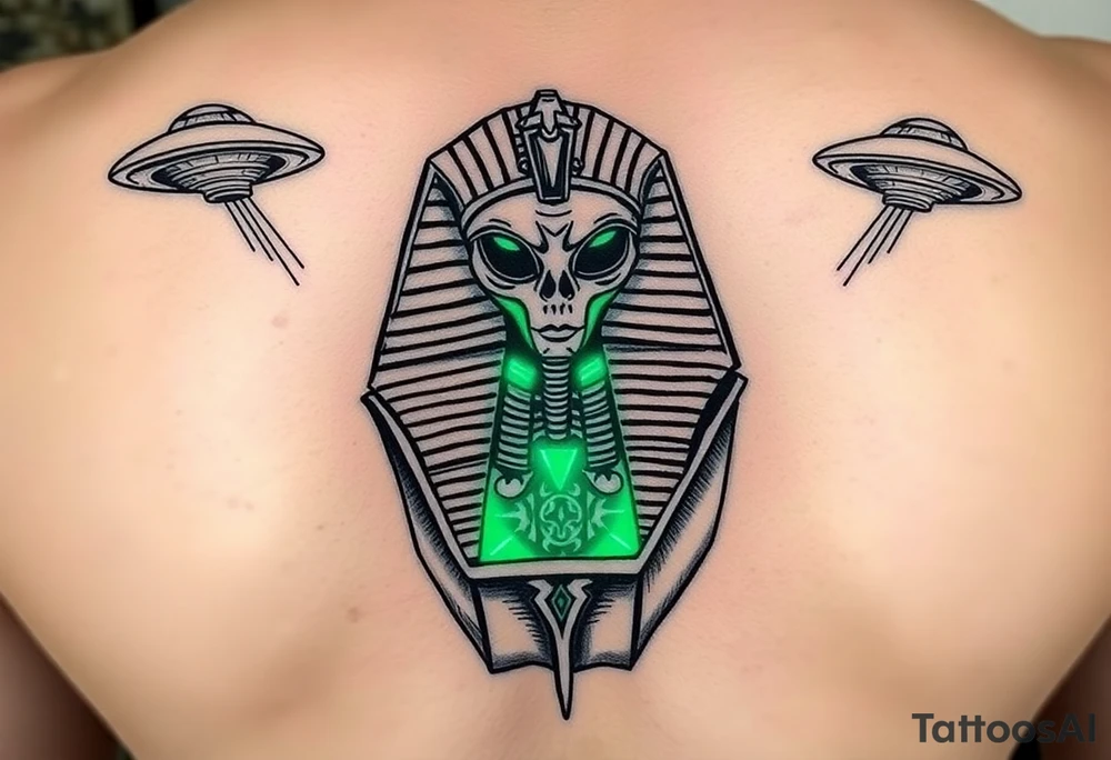 "Pharaoh's sarcophagus opening to reveal a grey alien. Instead of organs: glowing crypto wallets. Floating UFOs are shaped like Chevy Impalas (lowrider style).  

Style: Neo-traditional tattoo with glitch effects. Colors: turquoise/black/neon green." tattoo idea