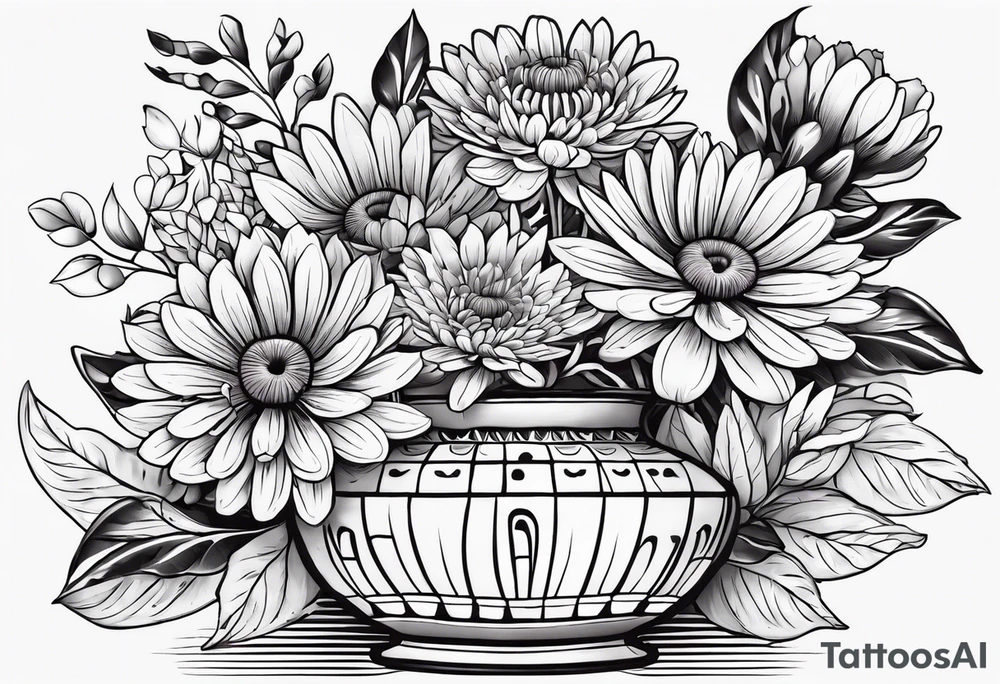 Un vase Grec avec 2 fleurs nénuphars, 1 fleur CHRYSANTHEMUm, et une violette tattoo idea