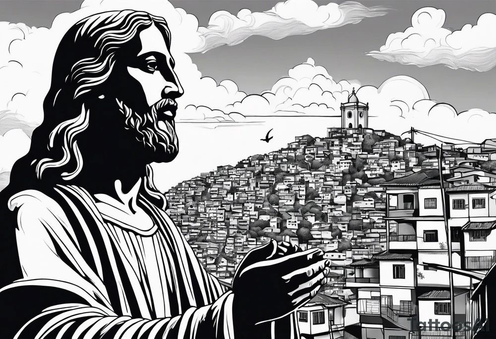 statue of jesus from Rio De Janeiro, below his hands as background there are favelas houses and above his hands as background is sky with slight clouds tattoo idea