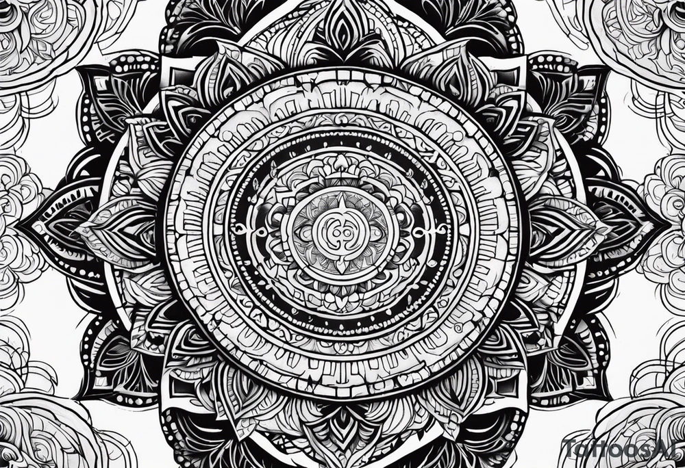 Mandala tattoo that incorporates yin and yang and music tattoo idea