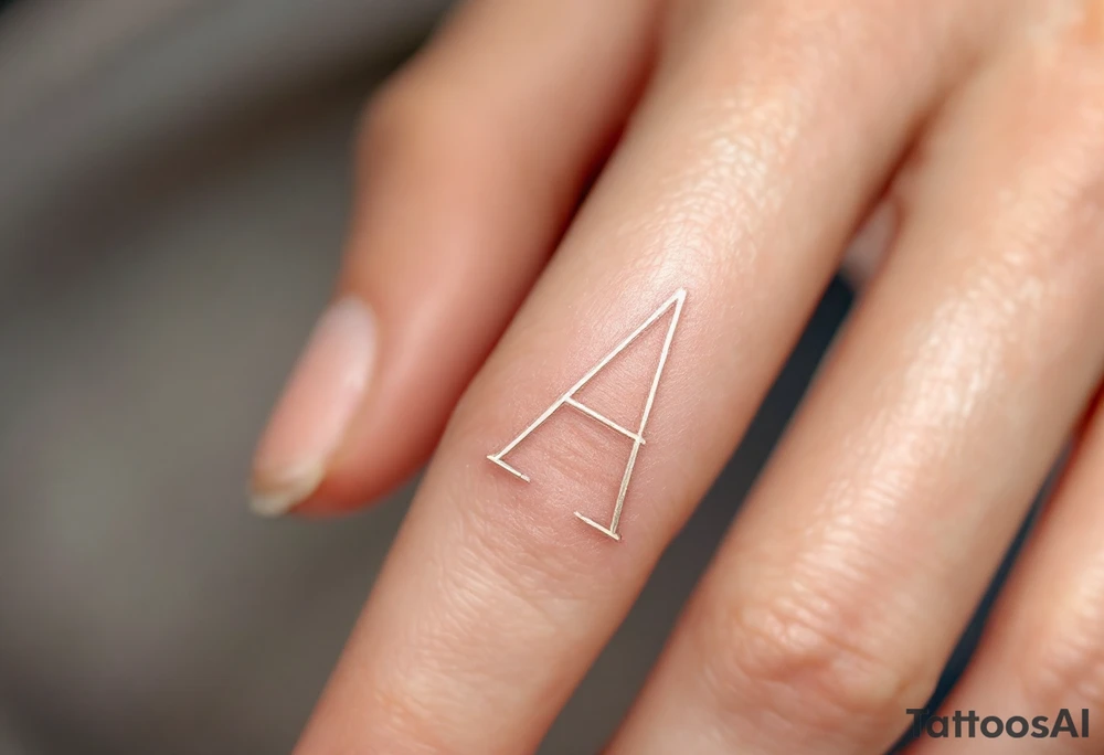 A minimalist outline "A" in soft gray with a blush pink inner fill on a finger. tattoo idea