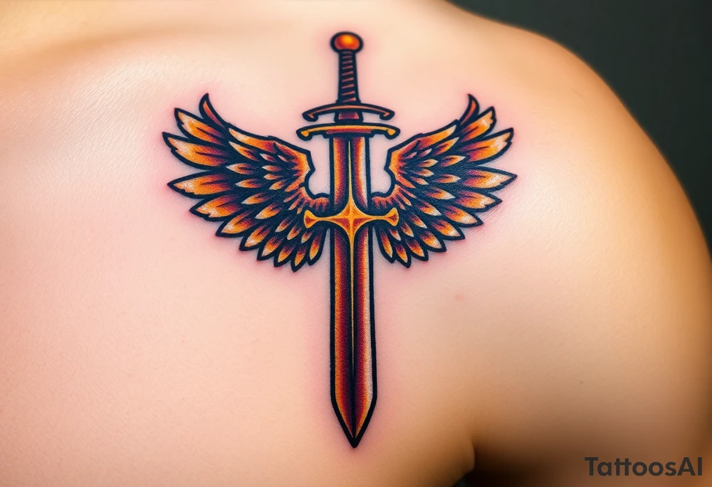 A battle-worn sword forming the shape of a cross, with large eagle wings in brown and gold tattoo idea