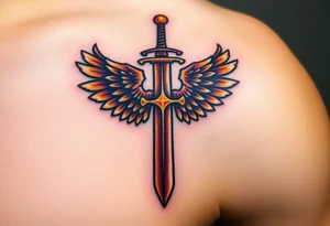 A battle-worn sword forming the shape of a cross, with large eagle wings in brown and gold tattoo idea