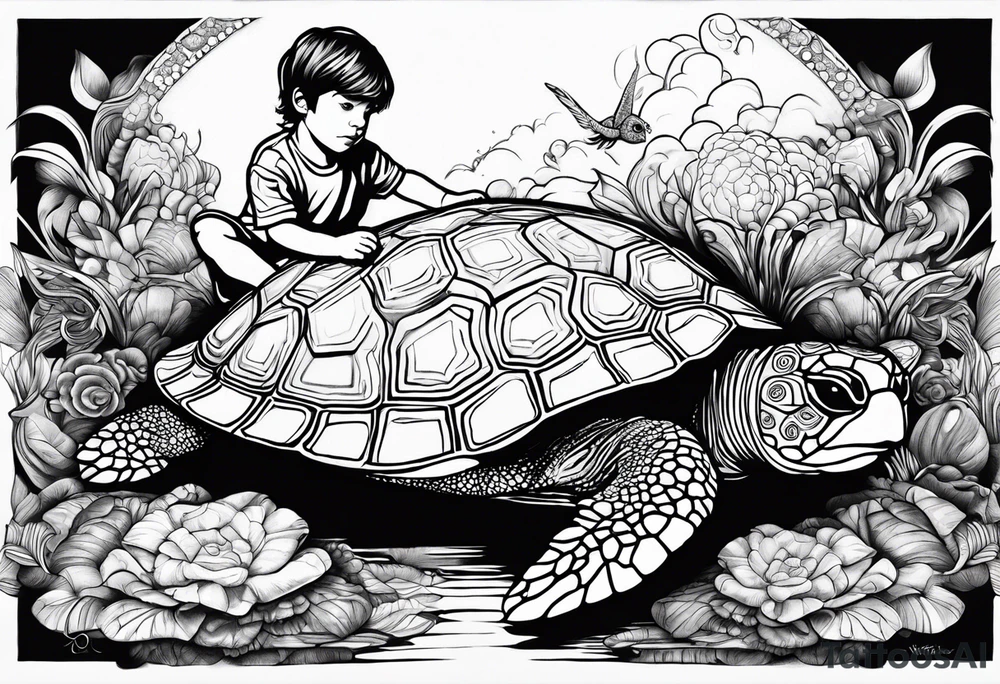 Kid with brown hair playing with a pillow with a turtle image coved tattoo idea