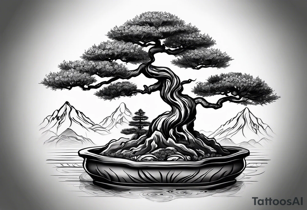 Zalazak sunca ispod kojega se nalazi bonsai tattoo idea