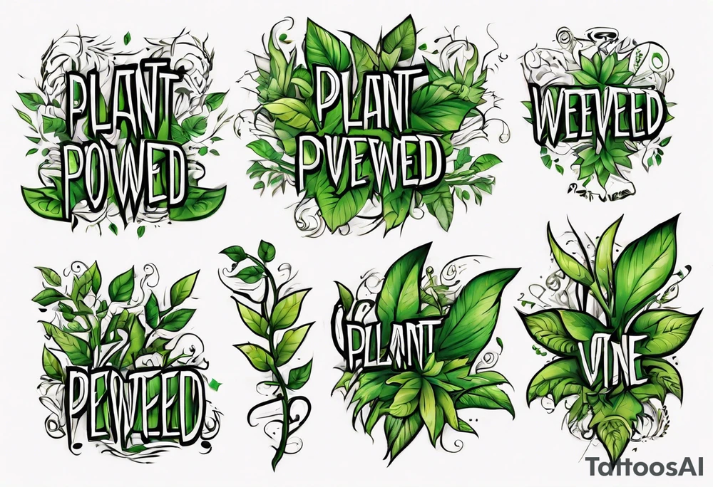 Words “Plant Powered” spelled out with plants and vines through out the words tattoo idea