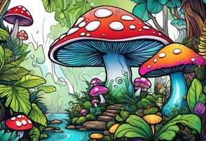 Rainforest with mushrooms and fairies and dew drops tattoo idea