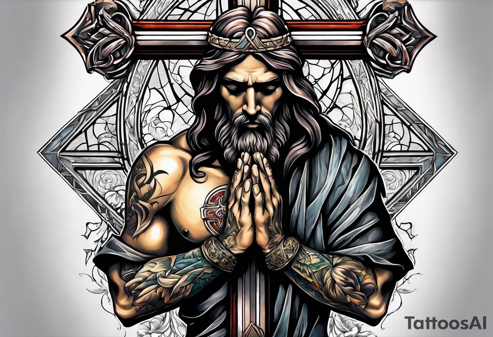 a man praying to the cross of Christ tattoo idea