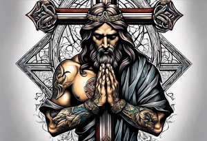 a man praying to the cross of Christ tattoo idea