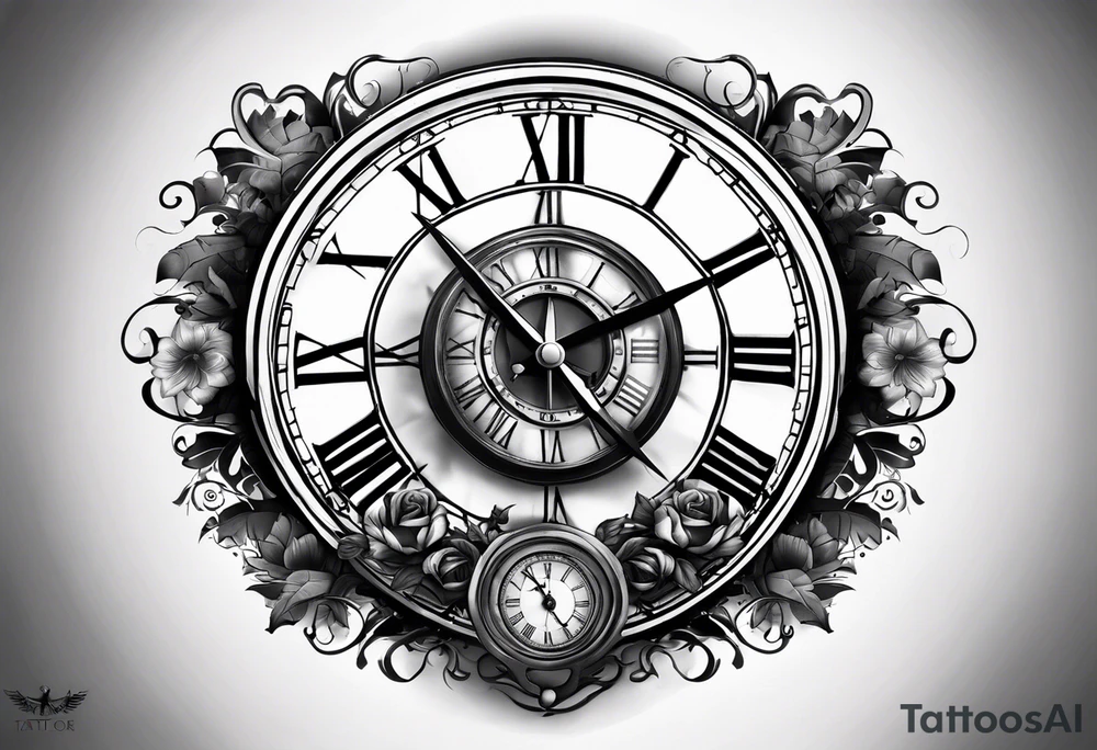 draw me a tattoo with an old clock and a compass rose. shadows of roman numerals are in the background. it is a tattoo located on the left shoulder of a man. it is black and white. tattoo idea