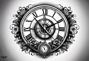 draw me a tattoo with an old clock and a compass rose. shadows of roman numerals are in the background. it is a tattoo located on the left shoulder of a man. it is black and white. tattoo idea