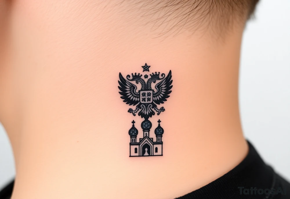 Stacked Vertical Column 

Russian star — small, bold
Middle: Miniature double-headed eagle — simplified, cleaner lines to suit the smaller space
Bottom: Orthodox church dome(s) with a small Virgin Mary silhouette beneath tattoo idea