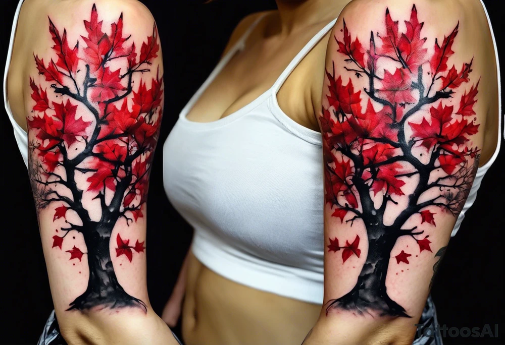trash polka style. Arm tattoo. chest tattoo. Long tattoo. large tattoo. Full sleeve. Shoulder. A single large maple tree with red autumn leaves that branches upwards from wrist to shoulder. White-throated dipper bird on the trees branches. Calluna flowers at the base of the trees stem. Tree stem has dark colors. Red/yellow sunset behind the trees stem. Leaves falling. tattoo idea