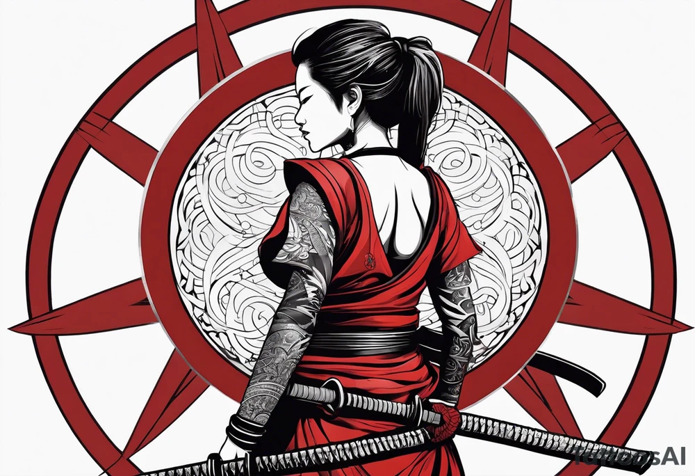 3 female samurai in body armor wielding swords back facing, in front of a red incomplete circle tattoo idea