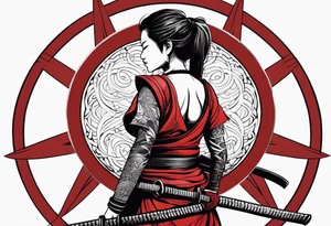 3 female samurai in body armor wielding swords back facing, in front of a red incomplete circle tattoo idea