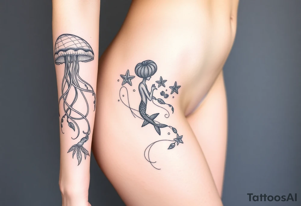 Ocean themed sleeve with jellyfish, mermaid, starfish, sea turtle, shells tattoo idea