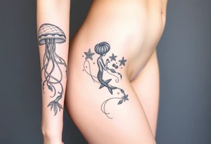 Ocean themed sleeve with jellyfish, mermaid, starfish, sea turtle, shells tattoo idea