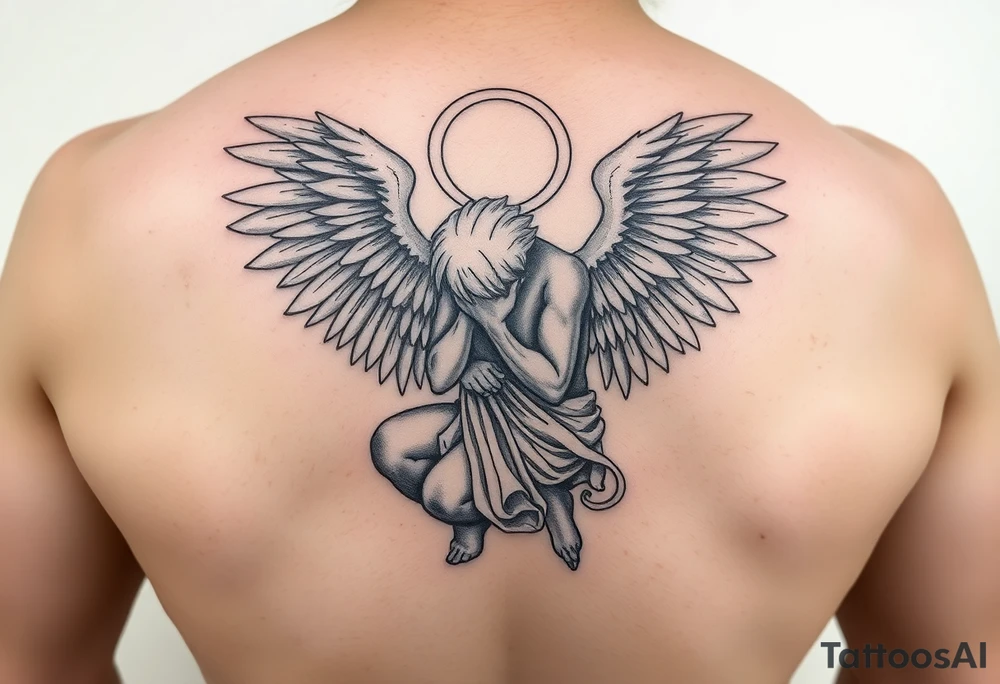 Buff Fallen angel on his knees tattoo idea