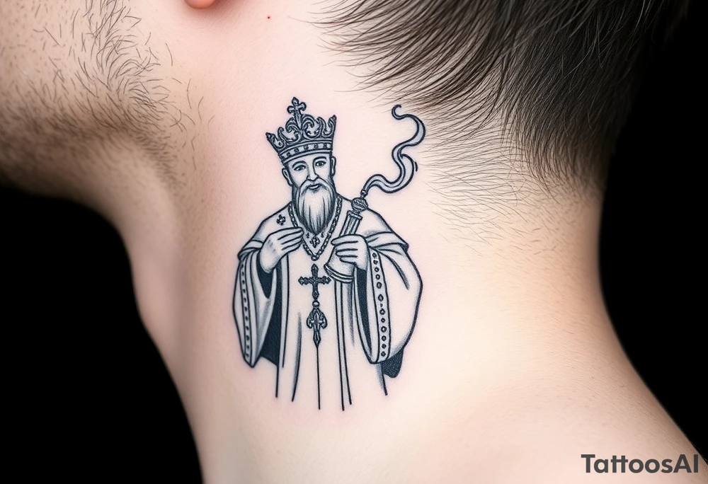 Russian Orthodox Priest in a fully detailed gold vestment swinging a censer with smoke curling upward tattoo idea