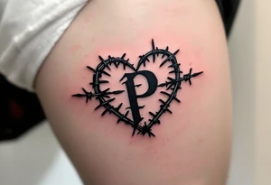 A barbed-wire heart with a distressed blackletter "P", representing love that endures hardship. tattoo idea