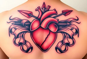 anatomical heart pierced by ornate arrow with flowing ribbons tattoo idea