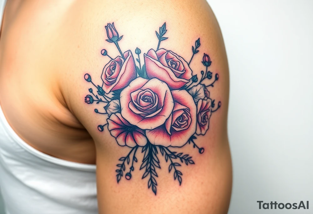 vintage bouquet of wild roses and meadow flowers with morning dew tattoo idea