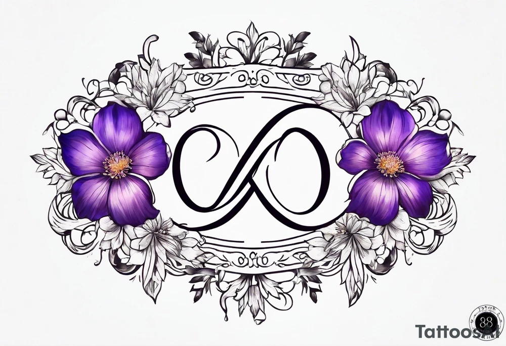 Infinity symbol made with violet, rose, larkspur and aster birth flowers on one
 side of the symbol the date 8.30.1997 on the other side tattoo idea