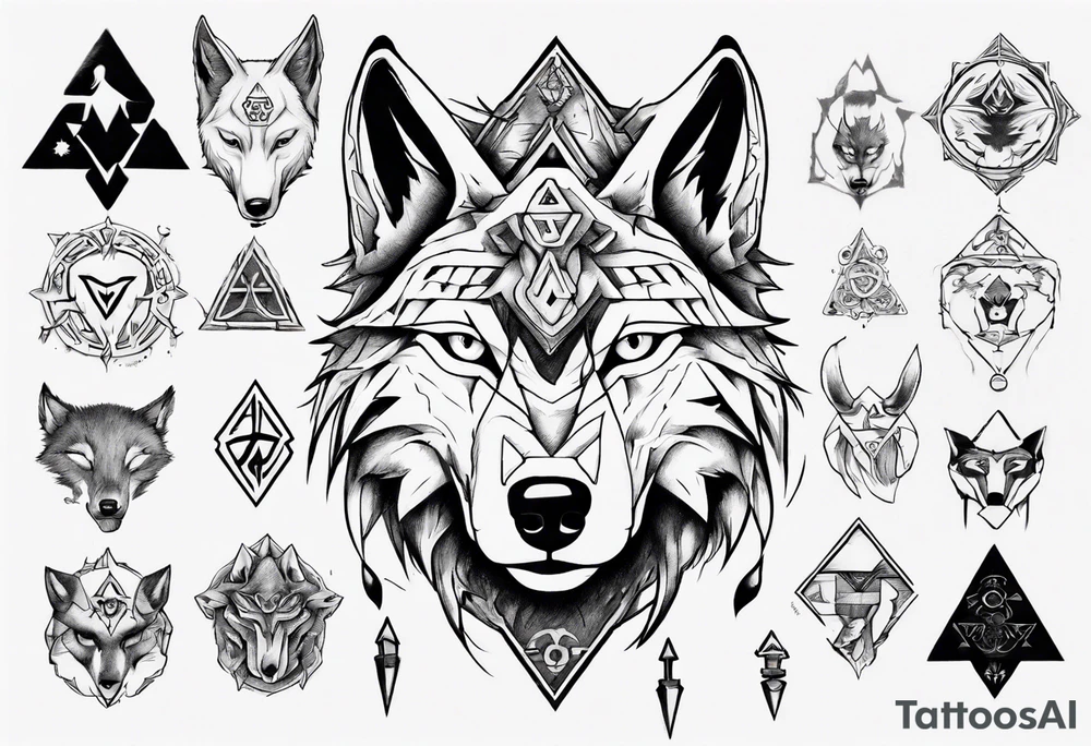 wolf head with zelda symbols mixed into the design tattoo idea