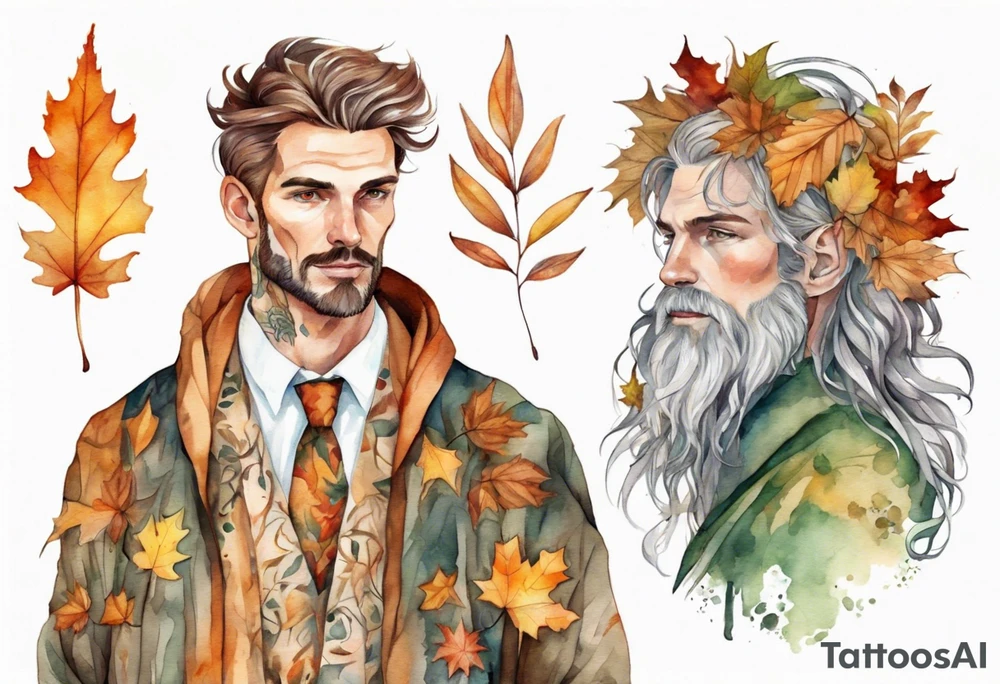 A tall, beautiful man with autumn leaves for hair, skin like birch bark, and a floral robe. tattoo idea