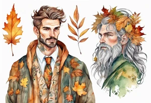 A tall, beautiful man with autumn leaves for hair, skin like birch bark, and a floral robe. tattoo idea
