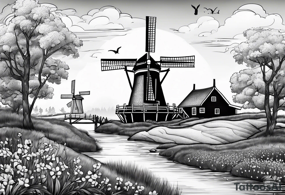 dutch windmill with Klomp written in text above tattoo idea