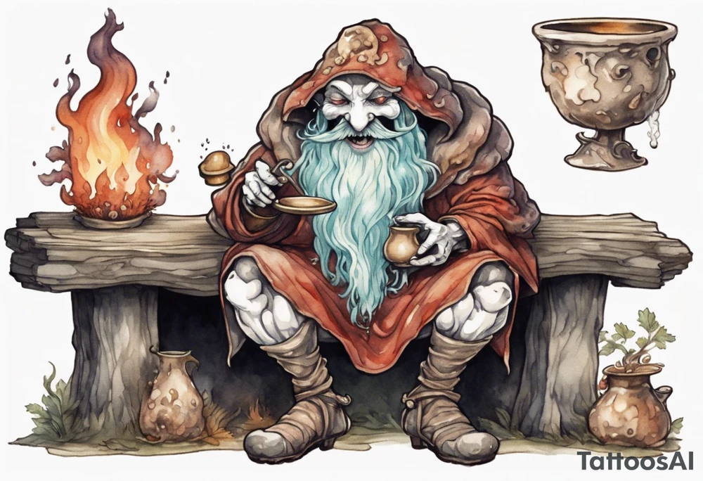 a mushroom-creature wearing a  medieval tunic sitting on a bench by a fireplace drinking from a wood cup, laughing tattoo idea