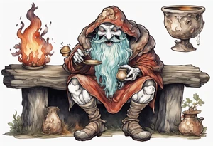 a mushroom-creature wearing a  medieval tunic sitting on a bench by a fireplace drinking from a wood cup, laughing tattoo idea
